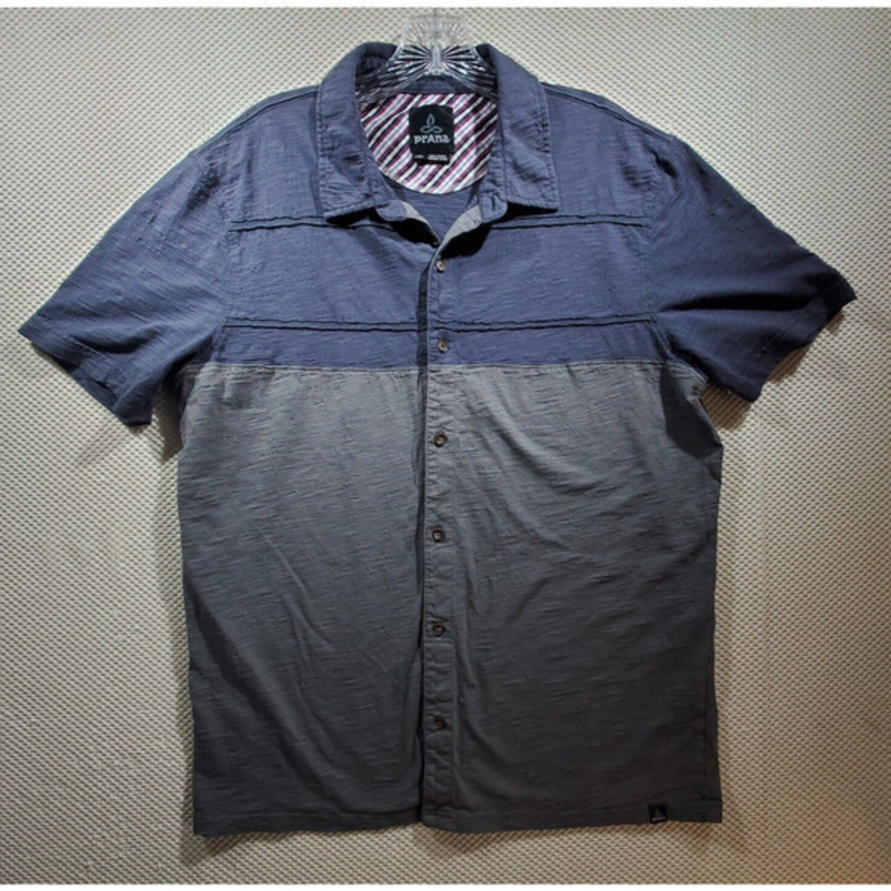 Prana Shirt Mens Blue Gray Size L‎ Short Sleeve Colorblock Button Up Lightweight